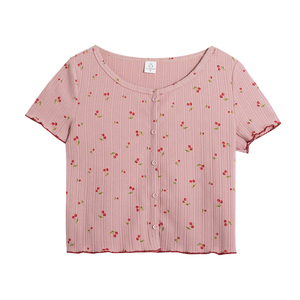 青蔷薇樱桃图案短袖T恤女装短款高腰夏装