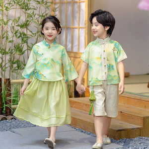 男女汉服夏季短袖套装中国风幼儿园六一演出服儿 童唐装中式服装1