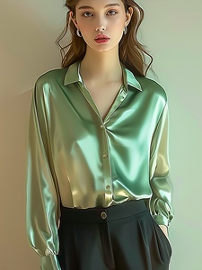 丝光绿色醋酸缎面衬衫女春季2024新款高级感垂感抗皱轻熟港风衬衣