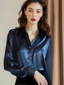 宝蓝色丝绸衬衫女春季2024新款设计感慵懒风垂感轻奢高端缎面衬衣