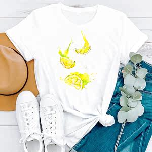 2021新款夏季短袖休闲女装卡通柠檬时尚衣服印花T恤女T恤图案T恤