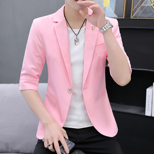 夏季西服男单件上衣七分袖外套韩版修身潮流上衣服粉色中袖小西装