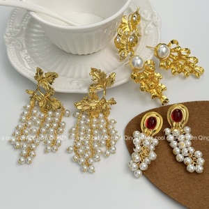 重工自制土耳其中古复古金色树叶珍珠葡萄蝴蝶耳饰耳环