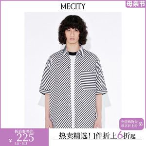 MECITY男士夏季新款黑白条纹宽松休闲全棉短袖衬衫528098