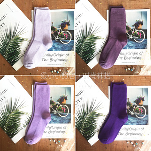 深紫色袜子女中筒袜纯棉堆堆袜长筒香芋紫淡紫葡萄紫浅紫秋天外穿