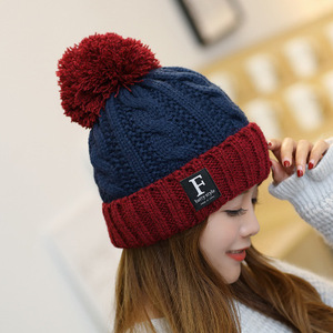 韩版秋冬毛线帽子户外加绒加厚保暖帽字母女士护耳毛球针织套头帽