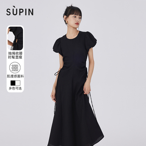 速品SUPIN泡泡短袖连衣裙夏季新款露腰设计感小众收腰黑色长裙女