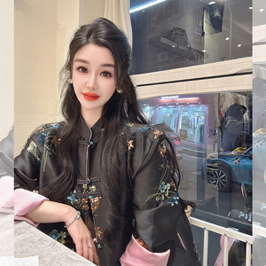 新中式轻国风女装薄款外搭开衫上衣早春季高端复古黑色印花短外套
