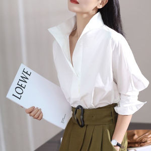 2023春秋新款韩版蝙蝠七分袖衬衫女宽松立领白衬衫时髦有范上衣女