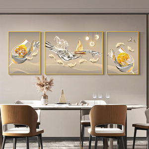轻奢酒杯餐厅装饰画九鱼图客厅背景墙挂画一帆风顺吃饭厅三联壁画