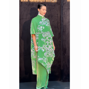 胡杏儿同款新中式国风高端绿色亮片丝绒旗袍连衣裙两件套装女春季