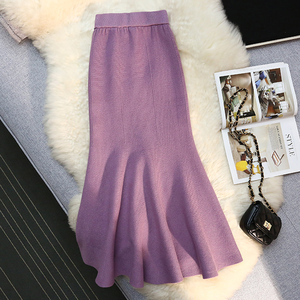 紫色针织半身裙女秋冬季毛线裙中长款包臀鱼尾裙高腰显瘦a字长裙