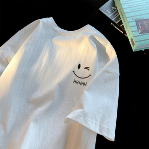 笑脸白色短袖T恤男夏季新款潮牌大码宽松纯棉衣服初中生潮流体恤
