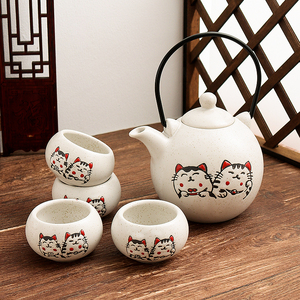 日式茶具茶杯套装家用耐热陶瓷客厅小套可爱招财猫下午茶提梁茶壶