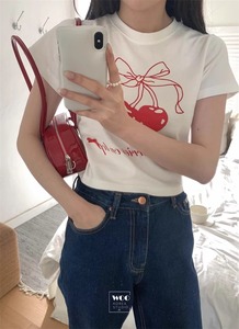 Exclusive type 韩国甜美可爱蝴蝶樱桃印花女短款小版型短袖Tee恤