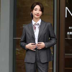 新款中国银行女西服套装裤子长袖衬衫中行工作服灰色白条纹银行服