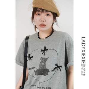 【LADYXIEXIE 04/13 新品限时95折+满减】宽松爱心蝴蝶猫咪T恤