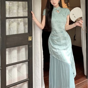 国风新中式连衣裙夏季新款晕染提花拼接设计感气质改良旗袍长裙女