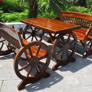 花园阳台休闲桌椅组合户外庭院小桌椅实木车轮桌椅餐桌实木八仙桌