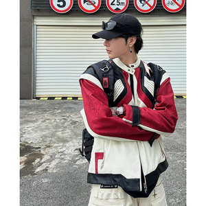 欧美hiphop短款拼接赛车外套男潮牌高街小众设计高级感机车服夹克