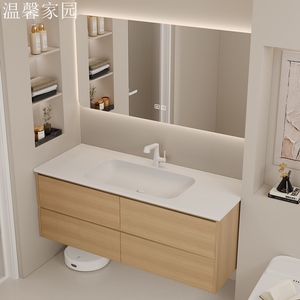 日式原木色风简约浴室柜组合可丽耐一体盆卫生间双台盆洗手洗漱台