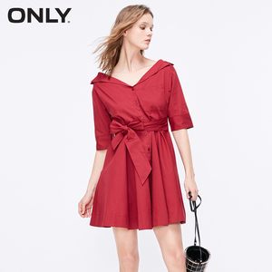 ONLY夏季新款红色裙子蝴蝶结收腰连衣裙女|11930752