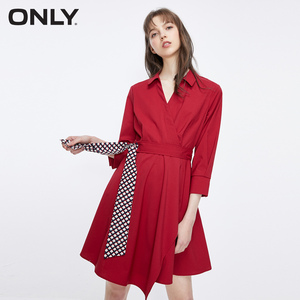 ONLY夏季新款气质红色裙子V领收腰衬衫连衣裙女|11930