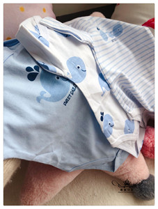 出口法单 夏季宝宝婴儿薄款纯棉蓝色鲸鱼三角包屁哈衣打底衣3件组