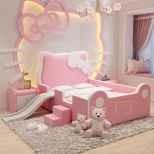 儿童床女孩公主床1.5实木单人床粉色Kitty猫滑梯床卡通带护栏皮床
