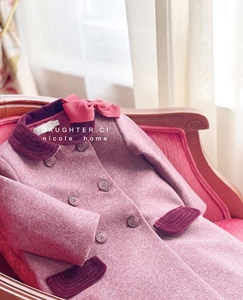 女童法式红色羊毛大衣 儿童秋冬新款洋气金丝绒领宝宝新年款外套