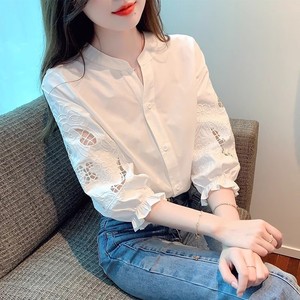 韩国刺绣泡泡灯笼短袖衬衫女2024夏季立领衬衣七分袖白雪纺上衣