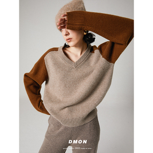 DMON调色盘系列 100美丽诺羊毛拼色V领套头毛衣