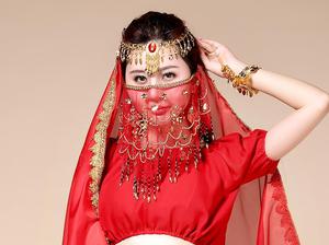 印度舞蹈手工珠子面纱道具肚皮舞配饰品新款梅花纱巾面罩蒙脸面纱