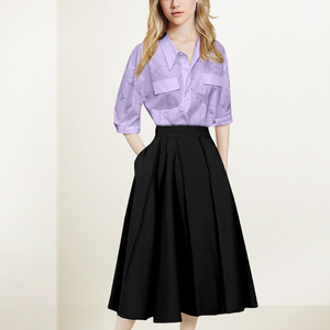 法式名媛小香风套装女2024年春新款紫色印花衬衫黑色半身裙两件套
