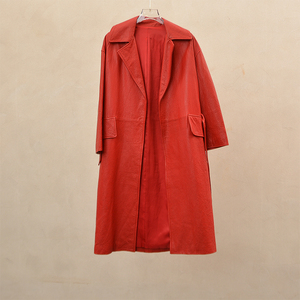 春绵羊皮真皮红色修身中长款外套女西装领时尚直筒大衣皮衣B625