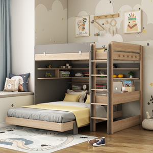北欧高低床双层上下床多功能组合床交错位型式书桌床一体式儿童床