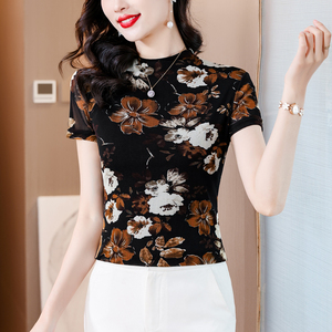 韩版大码半高领打底衫女士夏季新款印花网纱上衣修身显瘦短袖t恤