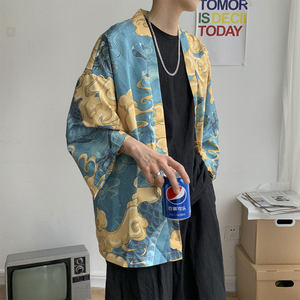 新中式国风七分袖冰丝衬衫外套男夏季改良汉服开衫短袖kimono道袍