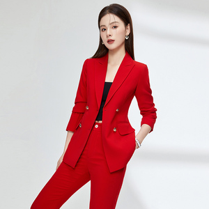 红色西装套装女高级感职业正装时尚气质女神范直筒裤休闲西服外套