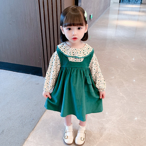 女童衬衫娃娃领条绒背带两件套春秋新款中小童宝宝韩版洋气连衣裙