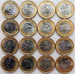 全新 巴西 1里亚尔 双色纪念币 16枚 2016年 里约奥运会 硬币