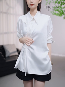 韩版时尚POLO领长袖衬衫女式春秋胖mm设计感系带休闲打底外搭上衣