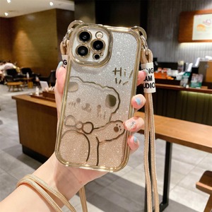 可斜挎背带适用iPhone14ProMax手机壳苹果13电镀闪粉可爱熊12保护套11透明防摔XS卡通8时尚7挂绳plus小众潮女