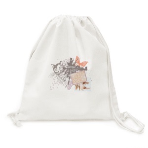 小猫蝴蝶剪影图案壁纸帆布背包购物旅行双肩拉带抽绳书包礼物
