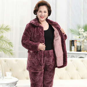 睡衣女秋冬季加厚加绒珊瑚绒夹棉中老年人妈妈新款保暖家居服套装