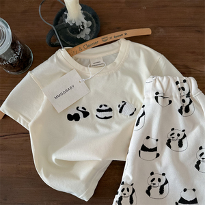 夏季新款童装男童熊猫刺绣T恤短袖 女宝满印熊猫运动中裤儿童套装