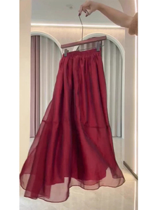 法式高腰红色半身裙女2024夏季新款纱裙时尚百搭显瘦漂亮a字裙子