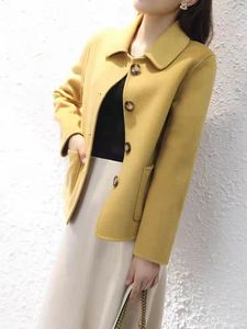 双面羊绒大衣女短款2021春秋款韩版显瘦气质姜黄色小个子呢子外套