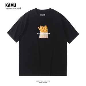 KAMU食物系列ins薯条印花短袖t恤男美式复古重磅纯棉宽松百搭上衣