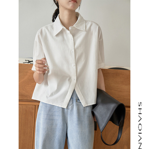纯棉短款白色衬衫女短袖2024新款夏季韩版宽松设计感纯色全棉衬衣